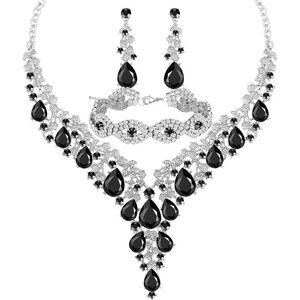 🆕Women Black Crystal Jewelry Statement Choker Necklace Earrings Bracelets Set